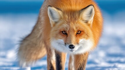 Obraz premium Red Fox in the Snow: A stunning red fox, its fiery fur contrasting sharply against a pristine blanket of snow, stares directly, radiating an aura of wild, untamed beauty.