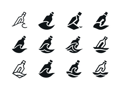 Message in Bottle Icons. Message in bottle. Icon set. Set Logo of message in bottle: ocean wave carrying bottle. harmonious logo variations of the same