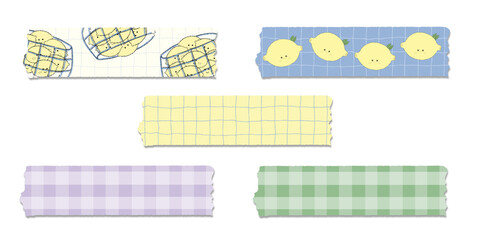 Set of cute pastel washi tape strips with lemon patterns, checkered grids, and cartoon characters on white background.