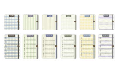 Set of pastel colored note pads and to-do list paper pieces with various patterns including plaid, stripes, and grids.