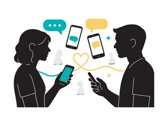 Connecting Across Distances. Friendships and life transitions ? staying connected. Floating phones and chat bubbles bridge distant silhouettes; glowing lines