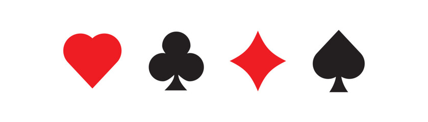 Four playing card suits icons set featuring a black spade and diamond and a red club and heart arranged horizontally in a clean, minimalist graphic design style