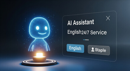 AI Assistant Concept: Futuristic representation of an AI assistant with the English 24/7 service tagline displayed in a sleek interface, suggesting always-available language support.