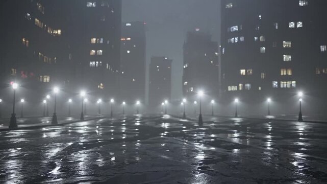 Rainy empty city plaza at night, glossy wet pavement reflecting rows of bright streetlights and highrise windows glowing through thick fog, moody noir atmosphere with distant towers and cold,