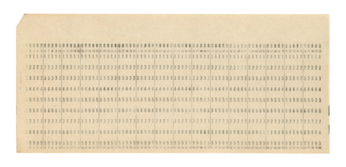 Vintage punched card with printed numeric rows and columns on aged paper used for early data processing