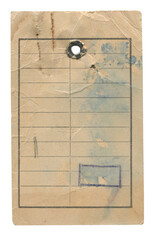 Old clothes paper tag with punched hole, faded lines, ink stains and creases on white