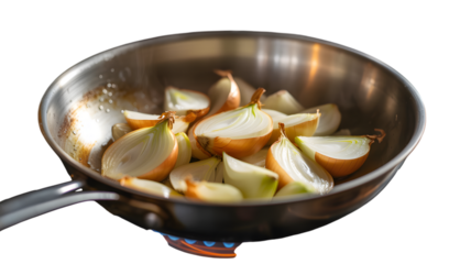 Several freshly cut yellow onion halves are slowly caramelizing inside a stainless steel frying pan on transparent background