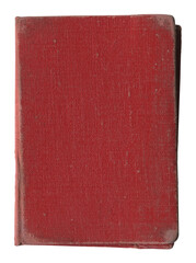 small closed notebook with vintage red cover with stained and wrinkled buckram canvas cloth isolated on white