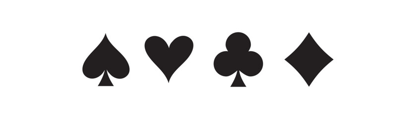 Black Playing Card Suits Silhouettes playing cards. Card suits set of vector icons showing hearts, clubs, diamonds and spades. Playing card suits on white background.