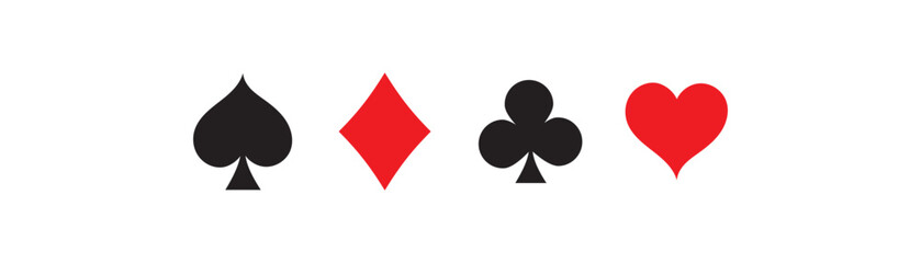 Four playing card suits icons set. Suit deck of playing cards on white background. Vector icon . Cards symbols. Diamonds, hearts, clubs, spades symbol or sign set.