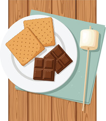 Delicious smores ingredients on wooden table for outdoor fun and camping treat vector