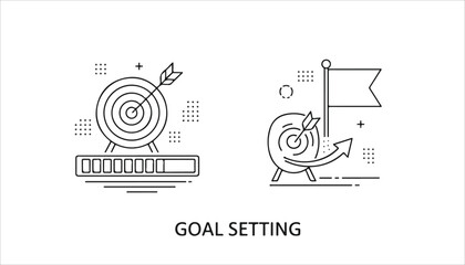 Line art illustrations depicting goal setting, achievement, progress tracking, and strategic planning with targets, arrows, flags, and progress bars.