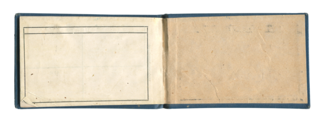 small old notebook with vintage blue paper cloth cover and empty spreadsheet accounting charts inside open and isolated on white