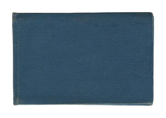 small closed notebook with vintage blue cover with stained and wrinkled buckram canvas cloth isolated on white