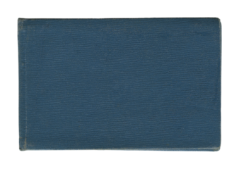 small closed notebook with vintage blue cover with stained and wrinkled buckram canvas cloth isolated on white