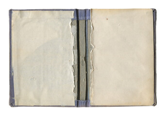 Open old hardcover book with blank yellowed pages and exposed worn spine on white