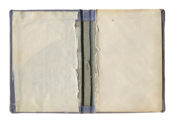 Open old hardcover book with blank yellowed pages and exposed worn spine on white