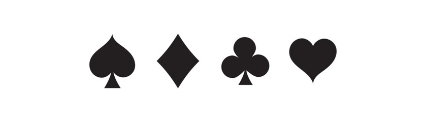 Black Playing Card Suits Silhouettes playing cards. Card suits set of vector icons showing hearts, clubs, diamonds and spades. Playing card suits on white background.