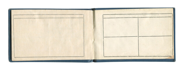 small old notebook with vintage blue paper cloth cover and empty spreadsheet accounting charts inside open and isolated on white