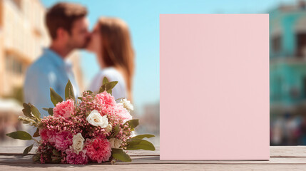 Blank Valentine’s Day card with bouquet and couple outdoors.