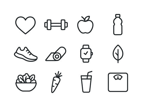 Healthy Lifestyle Icons. Healthy lifestyle. Line icon set of Healthy lifestyle: heart, dumbbell, apple, water bottle, running shoe, yoga mat, watch, leaf,