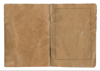 Vintage open school notebook with dusty brown cover and black decorative frame on white