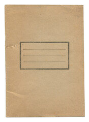 Vintage school notebook dusty brown cover with blank label frame on textured paper isolated on white