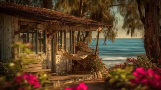 Weathered seaside cabin with hammock and ocean view offers rustic serenity.