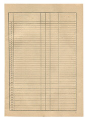 vintage notebook ledger page with blank table chart columns and rows on aged brown paper isolated