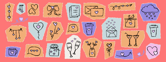 Scrapbook sticker with a heart. Curved doodle lines drawn with chalk. Old torn piece of paper, heart elements, ragged, messy edges for a collage. Vector collection of vintage torn paper strips.