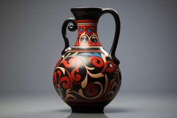 Amphora featuring a traditional black, red, and blue ornamental design on a dark background