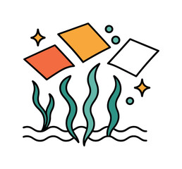 Obraz premium Seaweed Transformations. Ocean-Based Materials. Seaweed strands rise from wavy water lines and transform into floating geometric sheets of biomaterial. Bubbles