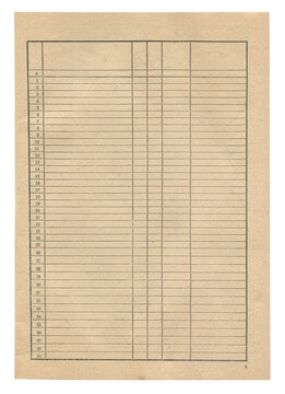 vintage notebook ledger page with blank table chart columns and rows on aged brown paper isolated