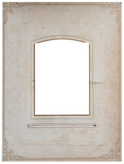 Vintage photo album page with decorative arch frame and empty picture window on aged paper