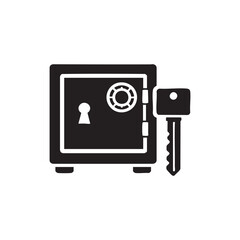 Black and white safe with key icon security lock and protection vector illustration