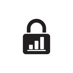 Black and white vector padlock icon with data analytics bar chart symbol representing secure access and data protection