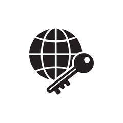 Black and white vector icon of key and globe symbolizing internet security access control and online password protection