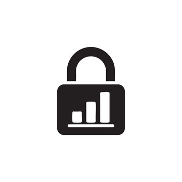 Black and white vector padlock icon with data analytics bar chart symbol representing secure access and data protection