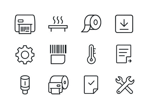Thermal Printer Icons. Thermal label printing. Line icon set of Thermal label printing: thermal printer, heat element icon, label spool, print button, settings