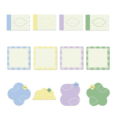 : Set of cute pastel colored memo pads and sticky notes with lemon patterns, smiley faces, and checkered borders in various shapes.