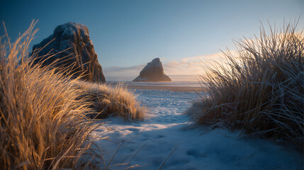 Winter french beach at sunrise with snowy rocks ground fog smooth tones and warm long exposure light