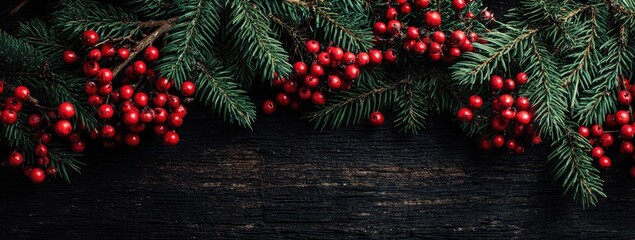 Christmas festive arrangement with red berries and evergreen branches on dark wood