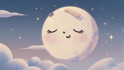 Whimsical cartoon moon with closed eyes and cute expression in starry sky
