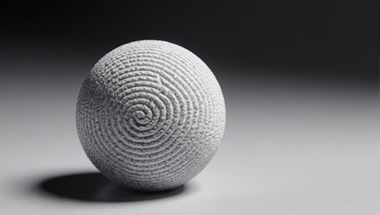 Textured sphere with concentric grooves, casting a shadow, on a neutral backdrop