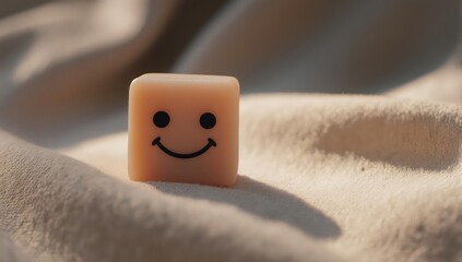 Square block with a smiling face on soft, textured surface