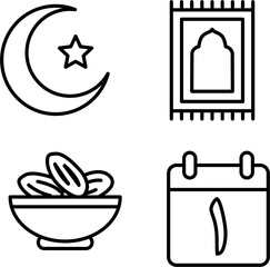Ramadan Kareem Line Art Icons, Minimalist Islamic Symbols and Tasbih Prayer Beads Illustration