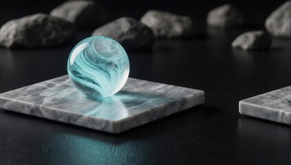 A glowing, marbled orb rests on a marble platform, with scattered stones