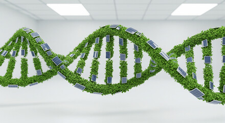 DNA of Green Energy: An artistic representation of a DNA helix, intricately interwoven with solar panels and lush greenery, symbolizing the fusion of life and sustainable energy.