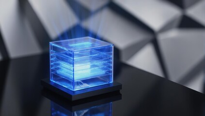 Transparent blue cube with glowing interior on a black platform, futuristic background