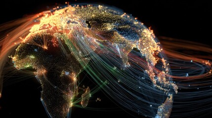 Dynamic visualization of the butterfly effect as a chain reaction on a digital globe. The Earth is a network of pulsating light nodes. 
